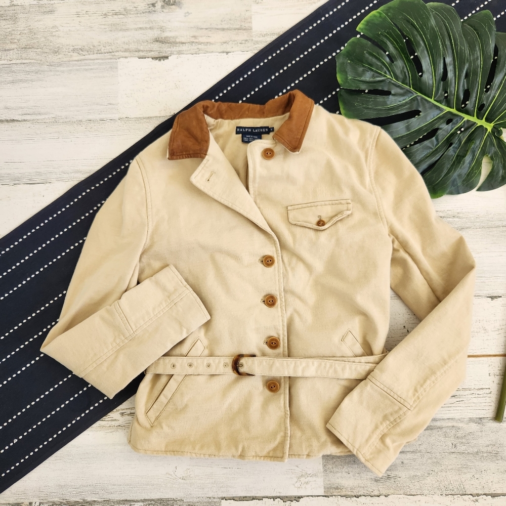 Ralph Lauren Vintage Leather Collar Safari Chore Work Jacket Size Small